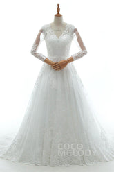 A-Line Court Train Tulle Lace and Satin Wedding Dress LD5731 - COCOMELODY