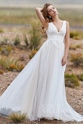 A-Line Sweep-Brush Train Tulle Wedding Dress LD5833 - COCOMELODY