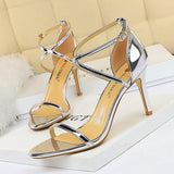 Faux Leather Ankle Strap Pointy Stiletto Heels 571572295848 - COCOMELODY