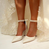 Pearl white Satin Pointy Block Heels 708400120081 - COCOMELODY