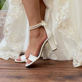 White Pearl Ankle Strap Round Block Heel Sandals 709190758540 - COCOMELODY