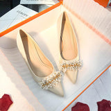 Pearl Satin Pointy Stiletto Heels 683923492274 - COCOMELODY