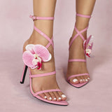 3D Flowers Cross Pointy Stiletto heel Sandals 816638213348 - COCOMELODY
