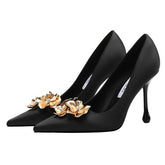 3D Flowers black Satin Pointy Stiletto Heels 769556407493 - COCOMELODY
