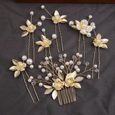 Handcrafted pearl set with Gold leaf hair comb 725487239358 - COCOMELODY