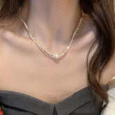 Shredded silver pearl double necklace choker 800772966486 - COCOMELODY