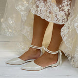 White pearl Ankle Strap Pointy Flat Shoes 708546617778 - COCOMELODY