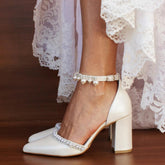 White Pearl Ankle Strap Pointy Block Heels 709119829327 - COCOMELODY