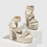 Apricot Round Ankle Strap Block Heel Sandals 775267776406 - COCOMELODY