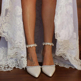 White Pearl Ankle Strap Pointy Block Heels 709119829327 - COCOMELODY