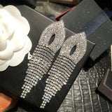 Design sense rhinestone long tassel drop earrings stud ear clips 731781713062 - COCOMELODY