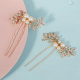 Rhinestone pearl leaf hairpin Bride headdress U-pin hairpin 773672582229 - COCOMELODY