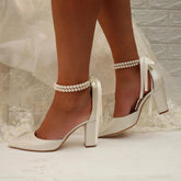 Pearl white Satin Pointy Block Heels 708400120081 - COCOMELODY