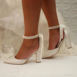 Pearl white Satin Pointy Block Heels 708400120081 - COCOMELODY