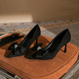 Black Suede Bowknot Pointy Stiletto Heels 746813568399 - COCOMELODY