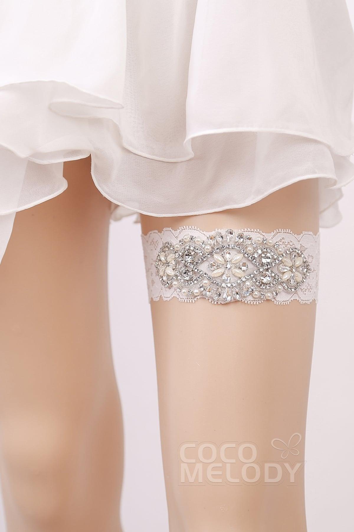 Lace Wedding Garter with Diamond and Pearls WD17011 - COCOMELODY