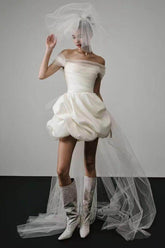 Ball Gown Short-Mini Satin Tulle Wedding Dress 771775523326 - COCOMELODY