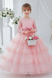 A-Line Long Sleeve Illusion Neck Tiered Lace Tulle Floor Length Flower Girl Dresses 1050524780369