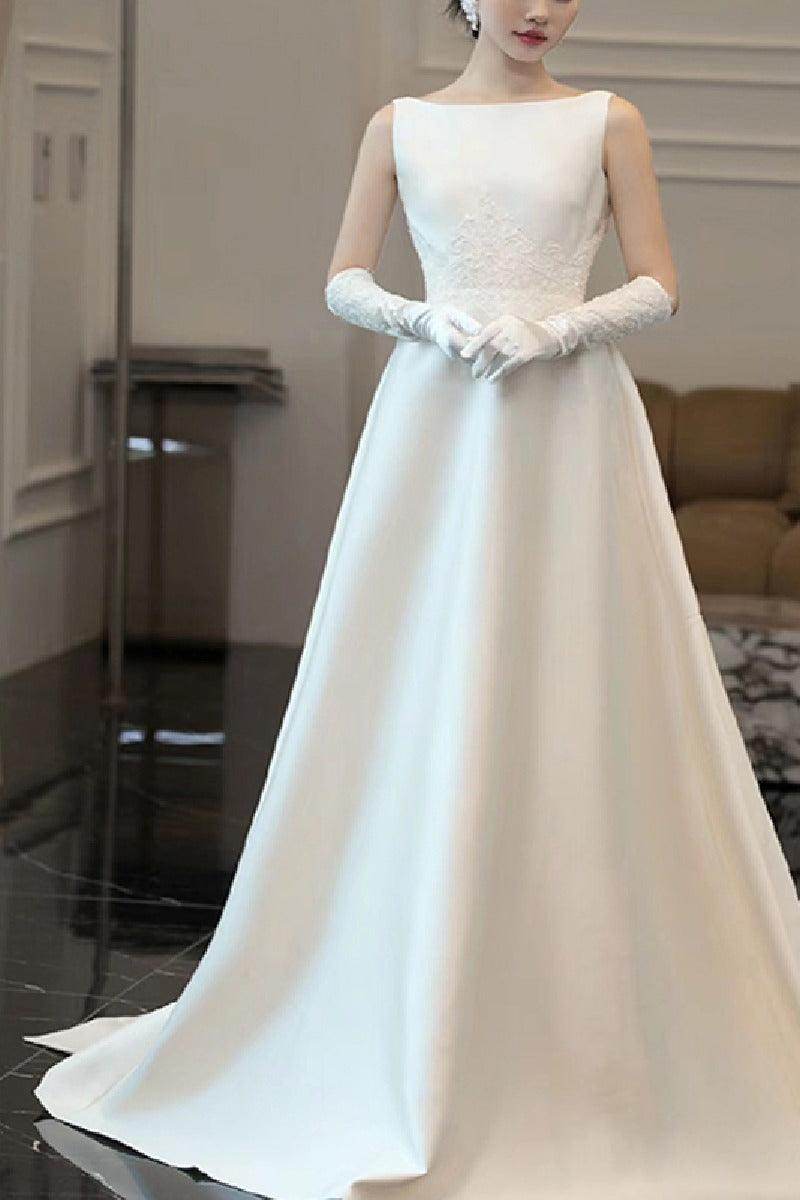 A-Line Chapel Train Satin Wedding Dress 732407195176 - COCOMELODY