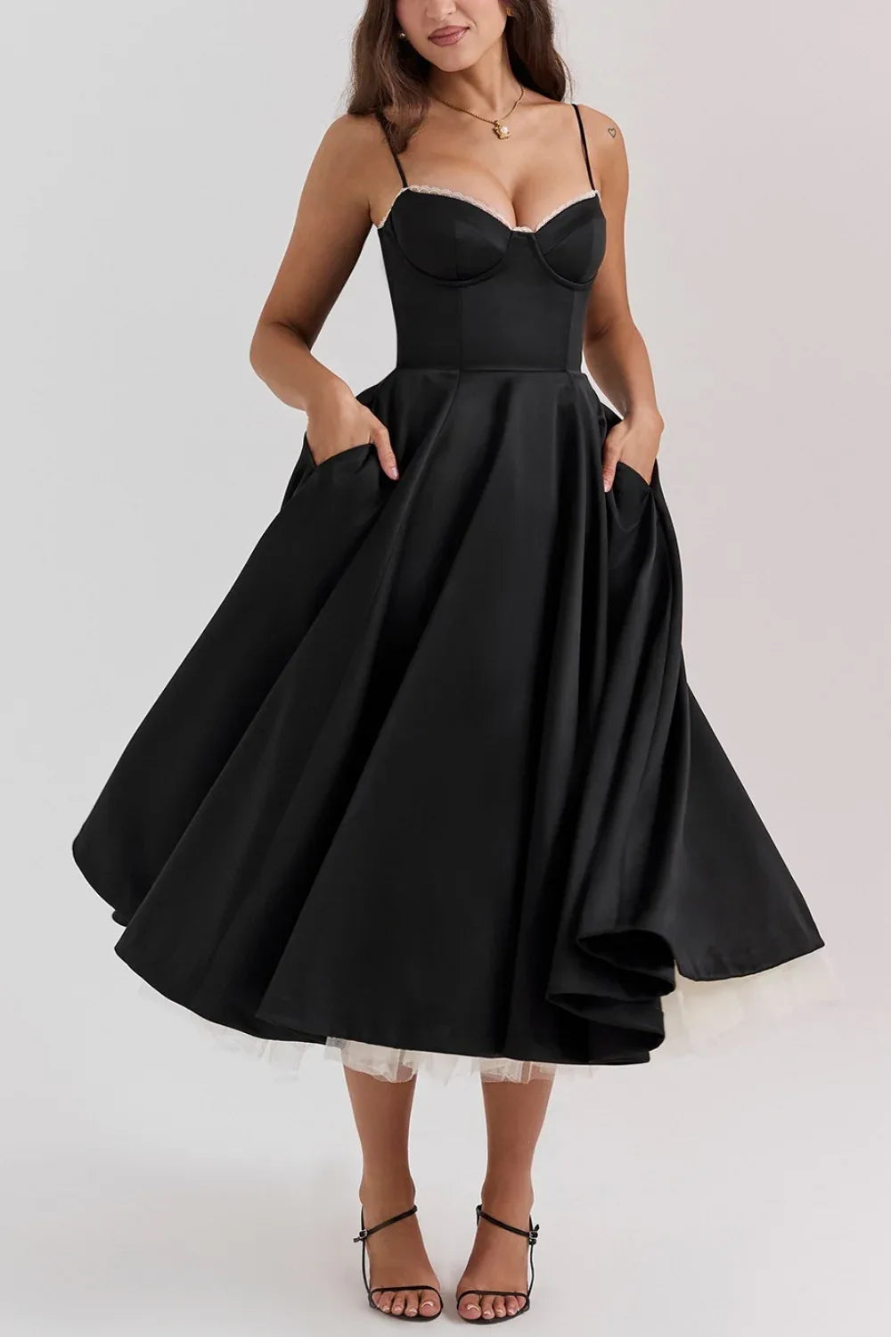 A-line Satin Midi Wedding Guest Dress Spaghetti Straps Sweetheart Back Zipper Elegant Formal Evening Dresses COCOMELODY 803510185058