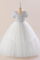 A-Line Maxi Sequined Tulle Flower Girl Dress 735143524780 - COCOMELODY