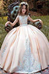 Ball-Gown Scoop Neck Sleeveless Satin Court Train Flower Girl Dresses 607388729160 - COCOMELODY