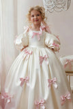 Ivory Satin Cold Shoulder Pink Bows Floor Length Flower Girl Dresses 1035700305747