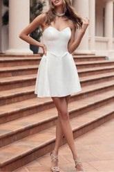 A-Line Mini Satin Little White Dress 4314381478 - COCOMELODY
