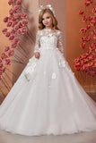 Ball Gown Illusion Round Neck Full Sheer Lace Long Sleeves Tulle Sweep-Brush Train Flower Girl Dresses 771181198778