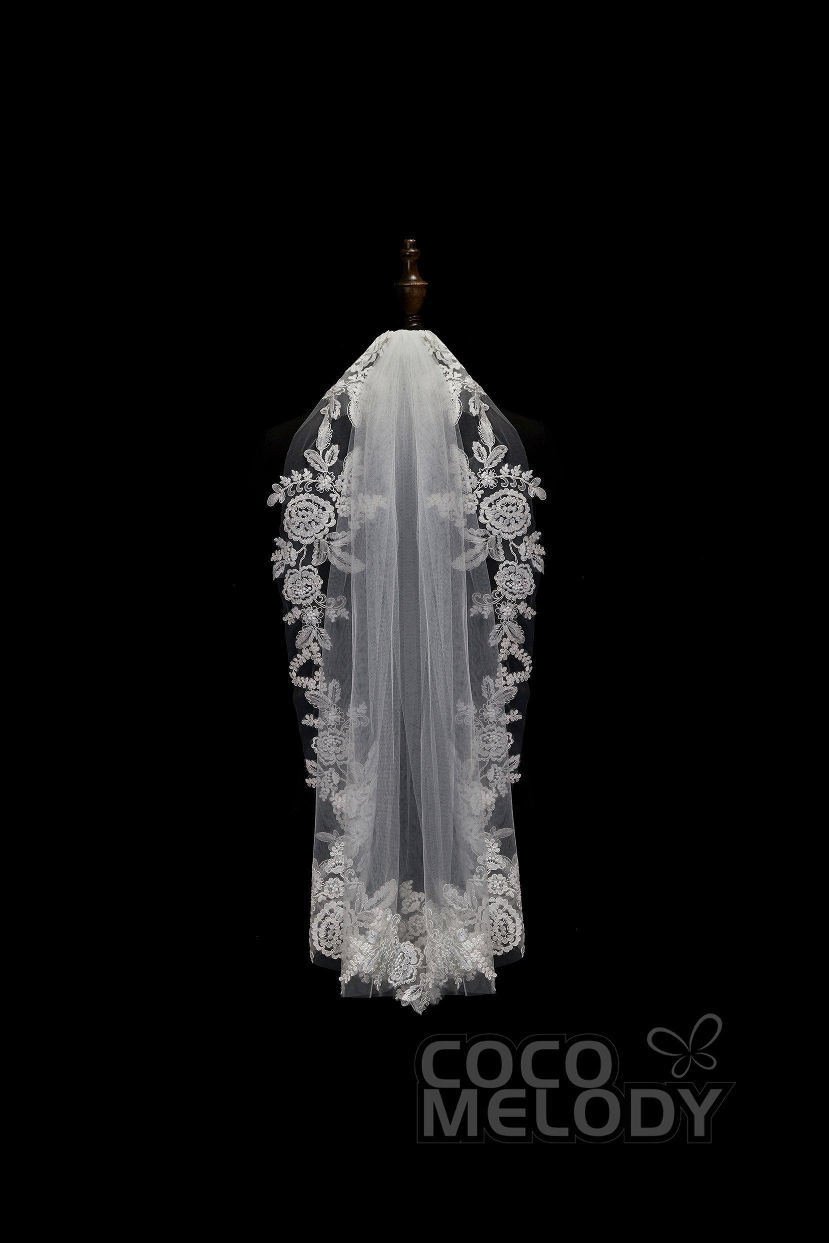 One-tier Lace Edge Tulle Hip Veils with Appliques AV180001 - COCOMELODY