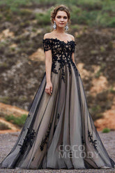 A Line Ball Gown Off The Shoulder Tulle Beaded Gothic Black Luxury Wedding Dress Cocomelody LD5830