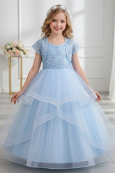 Two-Piece Sequin Lace Short Sleeve Bolero Jacket With Spaghetti Strap Tulle Floor-Length Flower Girl Dresses 1030169357466