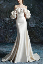 Trumpet-Mermaid Sweep-Brush Train Satin Wedding Dress 738277008321 - COCOMELODY