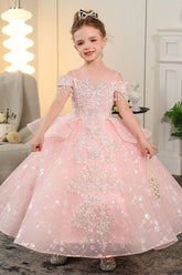 Illusion Neck Off-Shoulder Tassel Shoulder Sparkle Tulle Flower Girl Dresses 957274035794