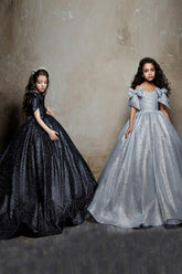 A-Line Off-Shoulder Glitter Satin Bow Shoulder Flower Girl Dresses 692491041797