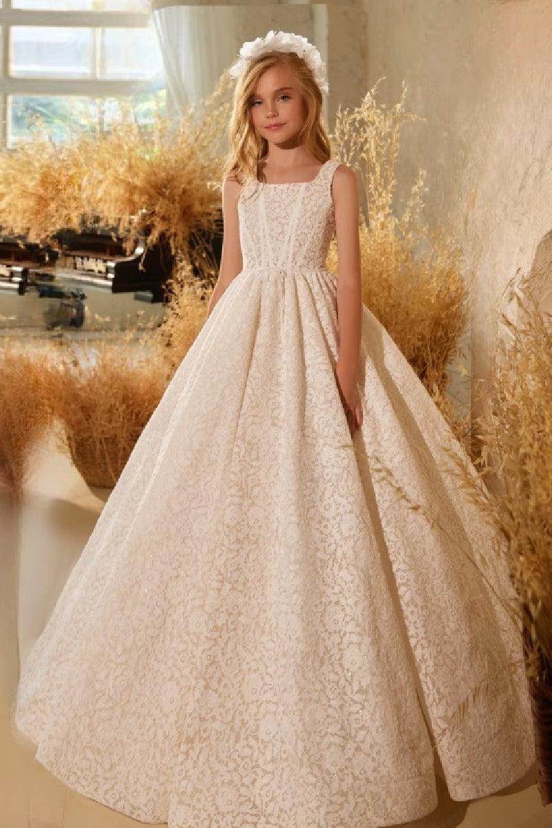 A-Line Square Neck Lace Court Train Flower Girl Dresses 673565263333 - COCOMELODY