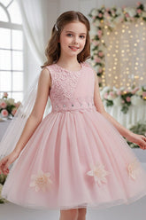 A-Line Asymmetric Single Tulle Cape Sleeveless Scoop Neck Knee Length Flower Girl Dresses 1031495780881