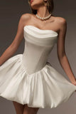 A-Line Mini Satin Little White Dress 968237845434 - COCOMELODY