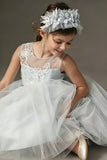 Princess Illusion Round Neck High-Low Lace Tulle Flower Girl Dresses 1062488474414