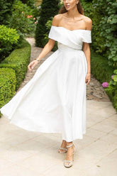 A-Line Tea Length Elastic Cloth Little White Dress 100037 - COCOMELODY