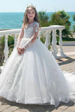 Ball Gown Illusion Round Neck Long Illusion Lace Sleeves Tulle Sweep-Brush Train Flower Girl Dresses 618147584052