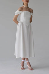 A-Line Tea Length Elastic Cloth Little White Dress 100005 - COCOMELODY