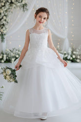A-Line Illusion Neck Floor Length Tulle Organza Flower Girl Dresses 1062135888325