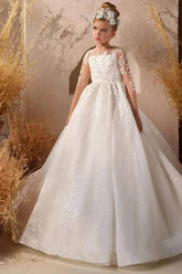 A-Line Illusion Neck Long Sleeve Tulle Court Train Flower Girl Dresses 757294973843 - COCOMELODY