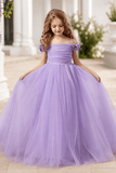 Elegant Floral Shoulder Ruched Bodice Tulle Flower Girl Dresses 890443747250