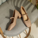 Comfortable Square Toe Mary Jane Block Heel Ruched Strap Shoes 676751558168