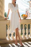 A-Line Tea Length Chiffon Little White Dress 100003 - COCOMELODY