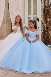Off-Shoulder Puff Sleeve Corset Tulle Flower Girl Dresses 788863068858