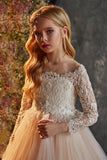 A-Line Illusion Long Sleeve Tulle Sweep-Brush Train Flower Girl Dresses 772649272412 - COCOMELODY