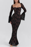Sheath Column Maxi Lace Wedding Guest Dress Long Sleeves Square Neck Formal Evening Dresses COCOMELODY 837990022170